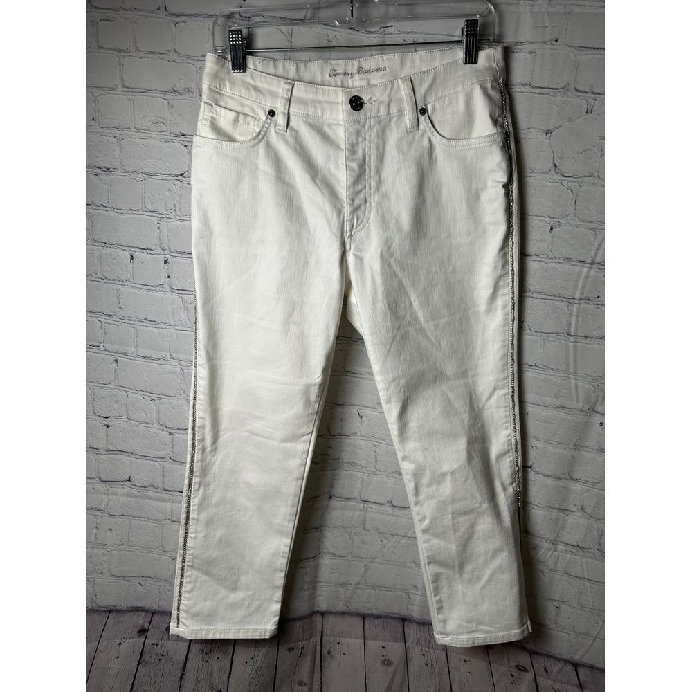 Tommy Bahama Ella Twill Crop Pants White Rhinestone Stripe Size 4 24 Inseam 23.5